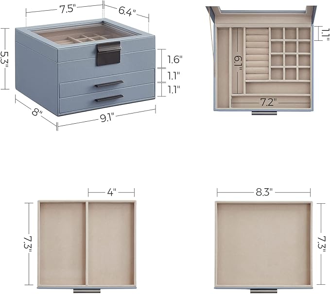 SONGMICS Jewelry Box Organizer with Glass Lid, 3-Layer Jewelry Storage, with 2 Drawers, Modern Style, 8 x 9.1 x 5.3 Inches, Smoky Blue and Silver UJBC239BU