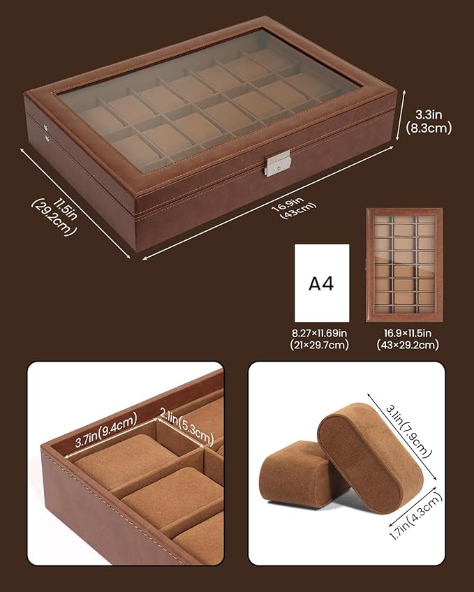 Uten 24-Slot Watch Box, PU Leather Watch Case with Glass Lid, Watch Holder Organizer with Soft Pillow and Velvet Lining, Watch and Jewelry Storage Box, Brown