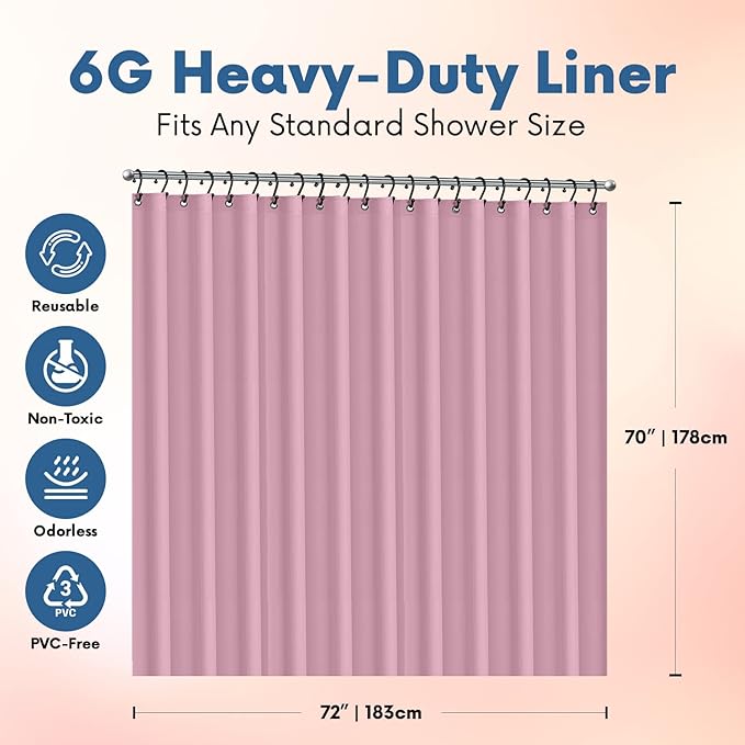 Premium Shower Curtain Liner, 72"W X 72"H - PVC-Free, 6G PEVA Shower Curtain with 12 Rust Proof Grommets And Magnet-weighted Bottom Hem - Moisture Stain Proof Shower Curtain Liner - Pink