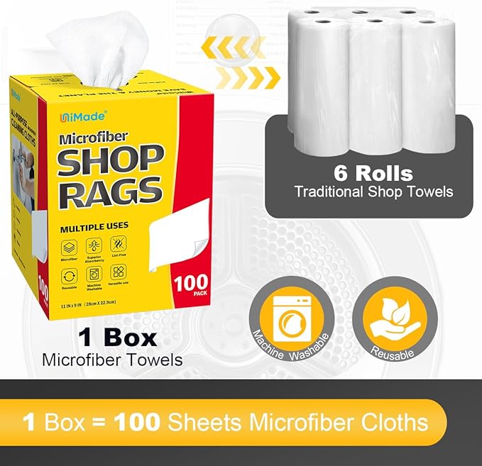 UNIMADE Shop Rags, 100 Sheets Microfiber Cleaning Cloth Commercial Grade Washcloths Lint-Free Bulk Shops Towels for Cars Mechanic Restaurant Garage Housekeeping, 11"x 9", White