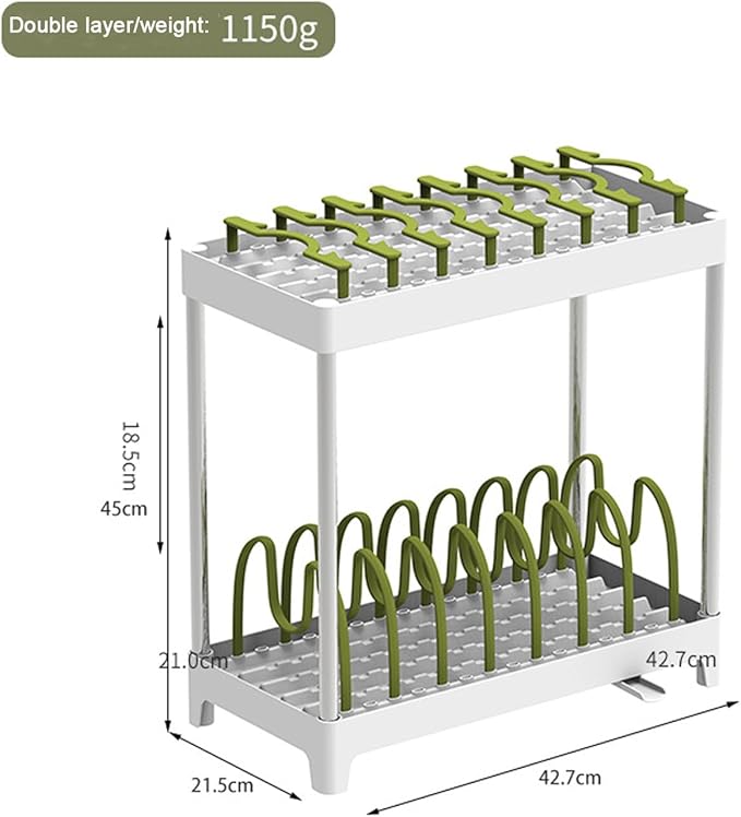 COMEOXO Double-Layer Pot and Pan Lid Organizer with Drainage, Adjustable 16 Compartments for Kitchen Cabinets - Bakeware, Cookware, Cutting Boards & Dishes (Nordic Green)