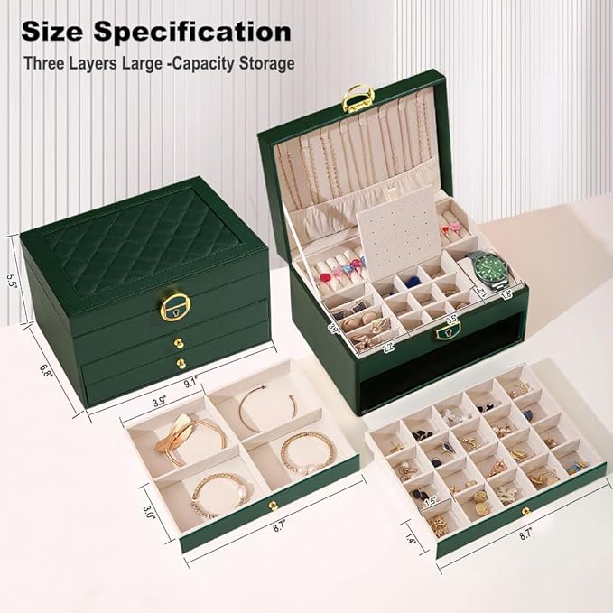 GUOER Jewelry Box for Women Girl Wife 3 Layers Large PU Leather Jewelry Organizer Storage Case with Two Layers Display for Earrings Bracelets Rings Watches (Green)
