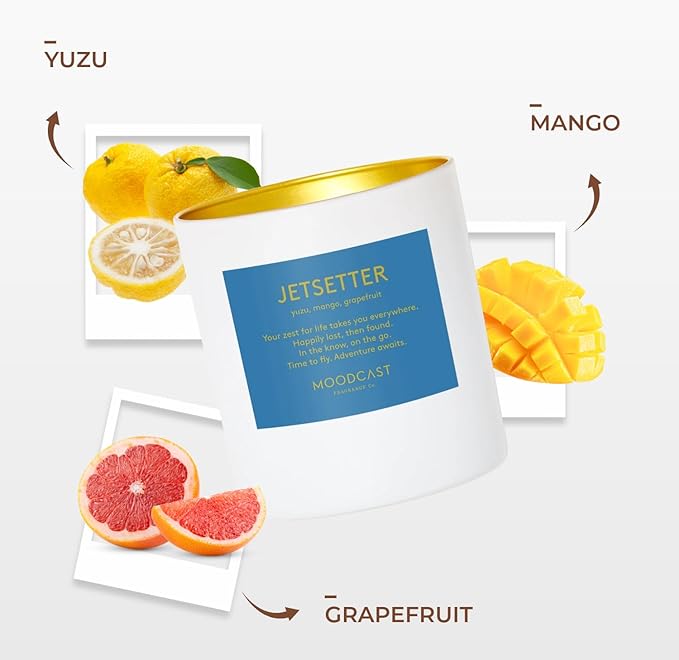 Moodcast Jet Setter Scented Candle - Aesthetic Candle for Home, Yuzu, Mango, Grapefruit & Vanilla Bean, Clean Coco Wax Blend, Vegan, Paraben Free, 45-Hour Long Lasting Burn - 8oz