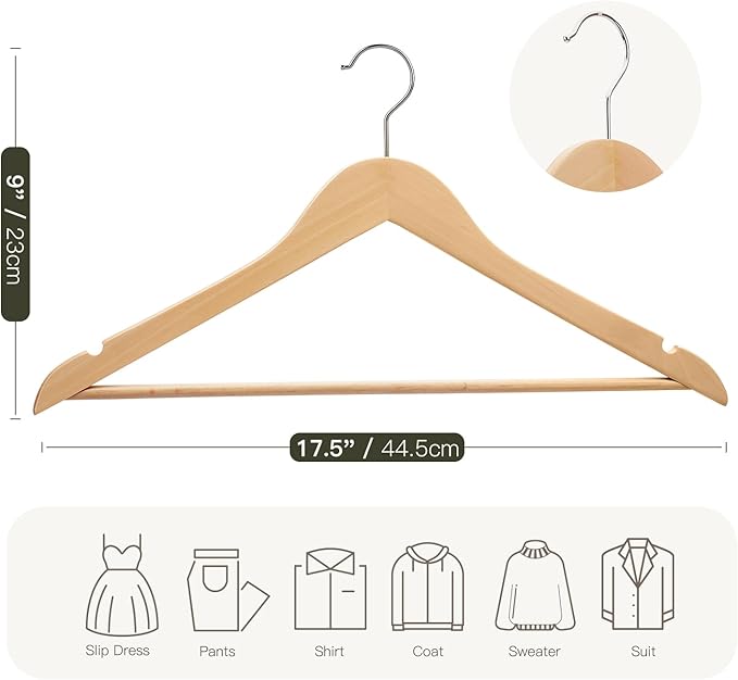 Wooden Hangers 90 Pack,Heavy Duty Solid Wooden Clothes Hangers with Pant Bar,360-Degree Rotatable Hook,Durable & Slim Wood Hangers for Coats,Jackets,Dress,Pants(Natural)