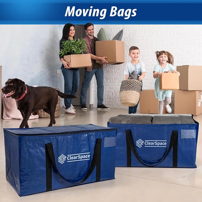 ClearSpace Heavy Duty Moving Bags or Storage Bag – Large Moving Boxes with Backpack Straps, Zippers & Handles – Perfect for Moving, College Dorm, Traveling, Camping, Christmas Decorations, 4 Pack