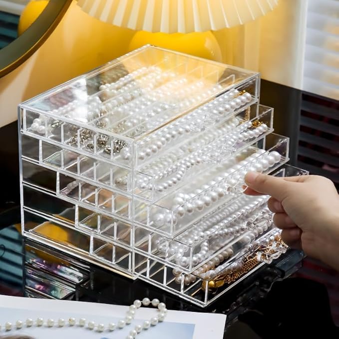 Necklace Box Tray with 5 Clear Drawers, Dustproof Necklaces Holder Storage Display Case, Necklace Tray Drawer for Pendant Suitable for Women and Girls (Transparent)