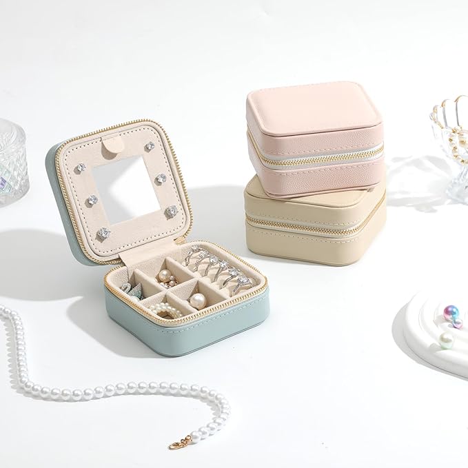 Genuine Leather Travel Jewelry Organizer Case with Mirror for Women, Small Mini Portable Jewelry Box for Earring, Ring, Necklace, Bracelet（Forest Green）