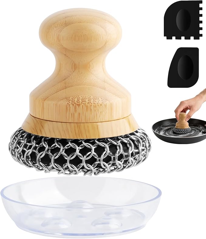 Cast Iron Scrubber and Scraper,Chain Mail Cleaner with Bamboo Handle & Draining Tray,316 Stainless Steel Brush for Cleaning Pots,Pans,Wok,Bakeware,Griddles, Grills,Dishes (Large Chain Mail)