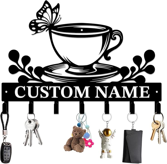 Personalized Custom Name Coffee Bar Wall Keys Hooks,Metal Coffee Shop Art Clothes Hooks,Metal Coffee Lover Wall Home Storage Decorative,For Front Door, Hallway, Kitchen, Bedroom,Keys,Hats (Style B)