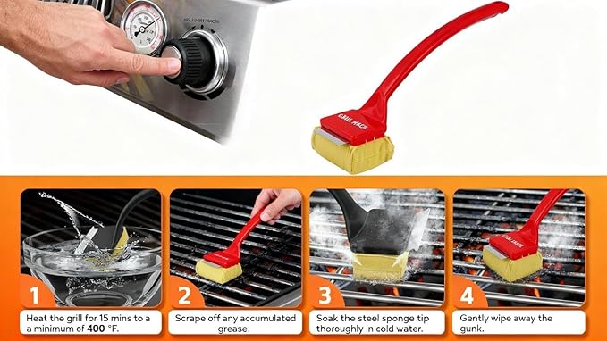 Bristle Free Grill Brush with Removable Cleaning Head, Seamless-Fit Scraper Tool for Cast Iron & Stainless Steel Grates, Safe BBQ Cleaner - Red