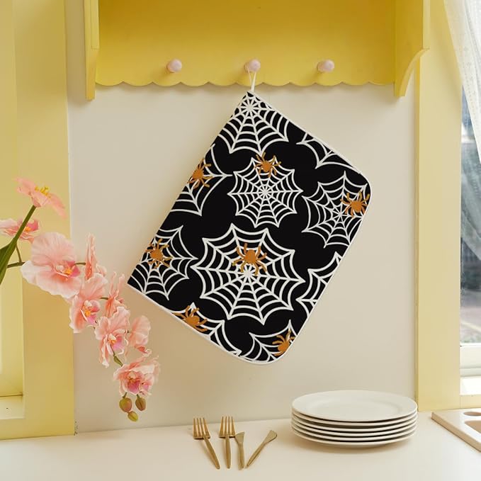 Halloween Dish Drying Mat 18 x 24 Inch Spider Web Drying Mat for Kitchen Counter Absorbent Spiders Black Dishes Dry Pad for Drainer Rack Kitchen Fast Dry