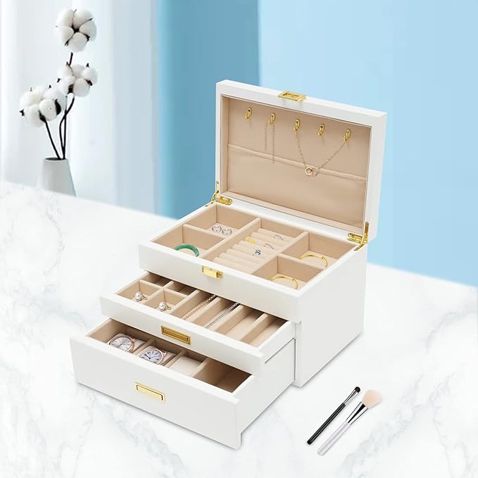 3 Layers Jewelry Storage Box with 2 Drawers, Large Wooden Jewelry Box for Women and Girls Necklace Ring Watch Organizer, White
