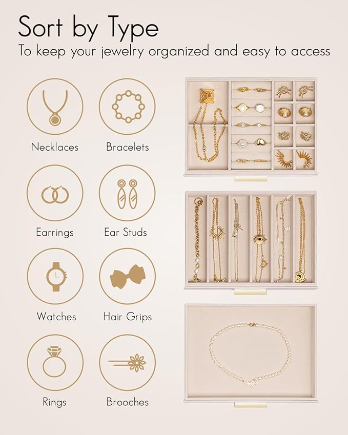 Vlando Jewelry Box for Women Girls,Jewelry Organzier,3 Drawers,Glass Lid Jewelry Organizer Storage for Gem Diamond Necklaces Rings Earrings Bracelets Apricot White