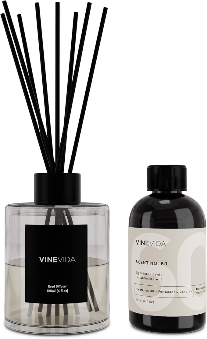 VINEVIDA Scent NO. 60 Reed Diffuser - 120mL (4oz) - Signature Scent: Peppermint Swirl, Reed Diffusers for Home, Office, Bathroom, Made in USA Scent Diffuser Sticks, Room Fragrance Diffuser