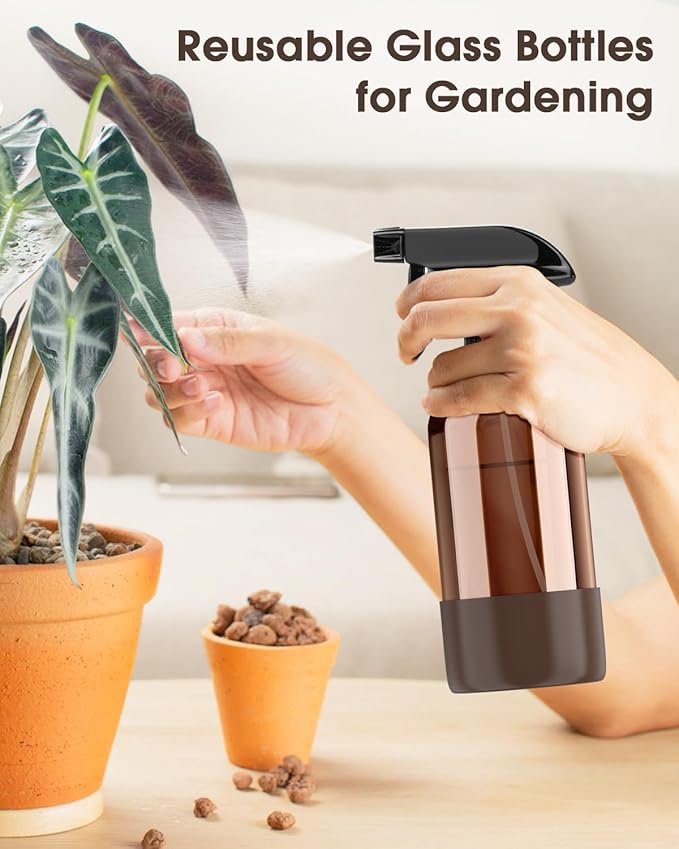 Bontip Glass Spray Bottle with Silicone Sleeve Protection, Amber Glass Spray Bottle Set for Window Cleaner Aromatherapy Facial Hydration Watering Flowers Hair Care 2 Pack/16 oz (Black & Brown)