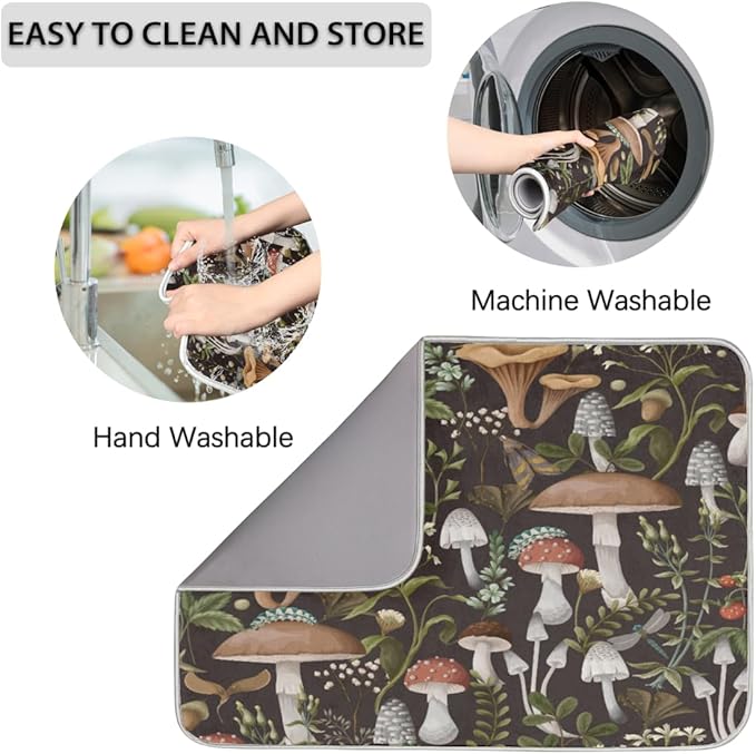 Hexteria Mushroom Dish Drying Mat For Kitchen Counter 18 X 24 Inch, Microfiber Absorbent Dish Drainer Mat for Countertops Protector Pad