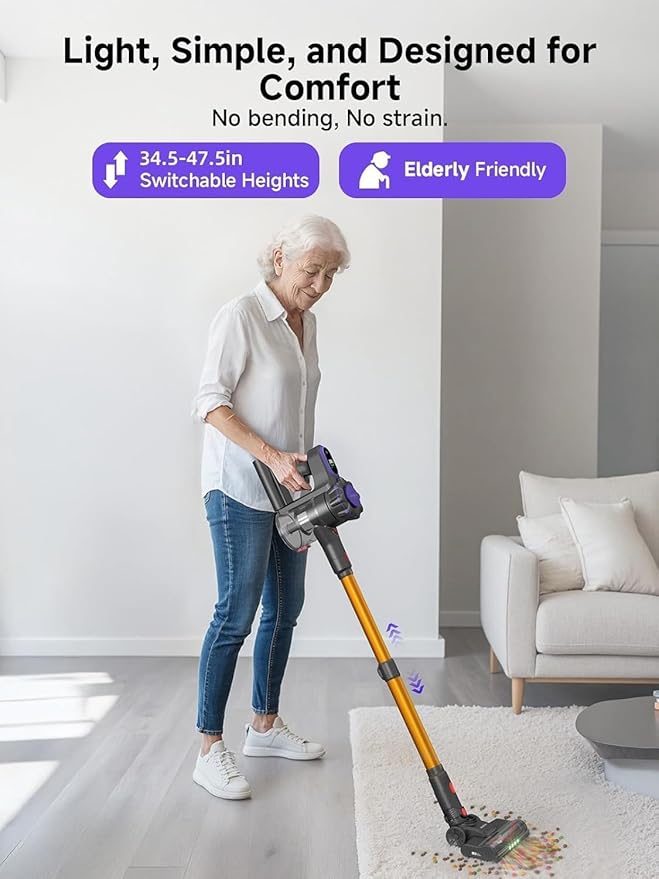 MONSGA Cordless Vacuum Cleaner, 45KPa 400W Stick Vacuum for Home, 50Mins Anti-Tangled Vacuum Cleaner with Charging Dock, Light-Weighted Handheld Vacuum for Pet Hair/Carpet/Floor (Gold&Purple)