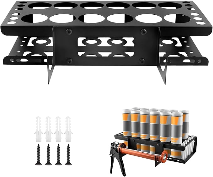 Fardtry 12 Slots Caulking Gun and Tubes Holder, Wall Mount Caulk Tubes Storage Rack, Metal Caulking Tools Organizer for Garage, Workshop, Work Van
