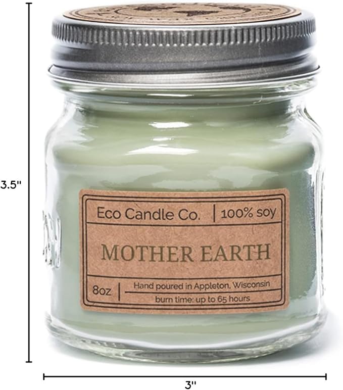 ECO CANDLE CO. Mason Jar Candle, Mother Earth, 8 oz. - Scents of Grass, Hay, Cypress, Patchouli, Sandalwood, & Tonka Bean - 100% Soy Wax, No Lead, Kraft Label & Antiqued Pewter Lid, Hand Made