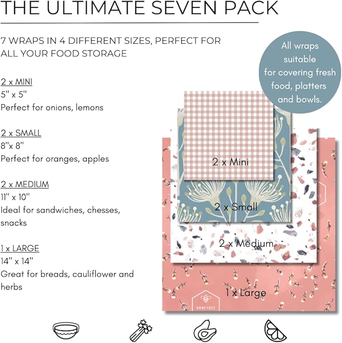 Honeybee Wrap Reusable Beeswax Wraps for Food | 7 Pack | Eco Friendly, Organic, Biodegradable, Plastic Free, Bee's Wrap Bowl Covers and Food Storage | Cling Wrap Alternative