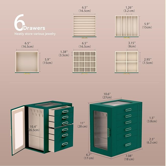 Jewelry Boxes for Women, 6 Layer Jewelry Organizer with Glass Lids, Jewelry Holder Organizer with 5 Drawers and 2 Glass Doors for Jewelry Storage, Big Jewelry Box for Womens Gift (Green)