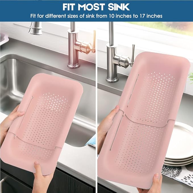 Collapsible Colander Kitchen Extendable Strainer Fruits Vegetables Noodle Pasta Food Drain Basket Space-Saver Portable Drainer Over Sink (1, 4#Pink)