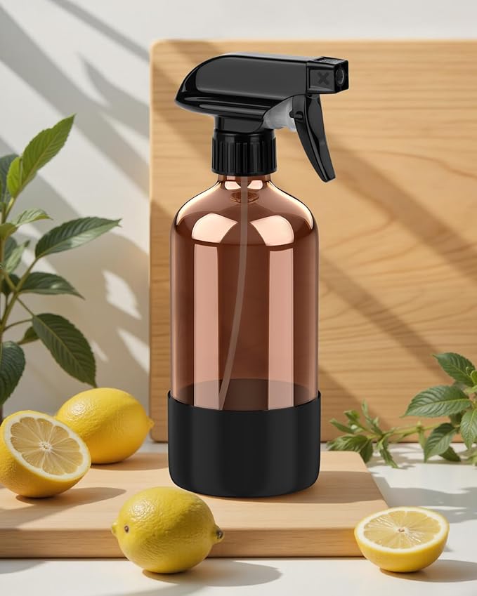 Bontip Amber Glass Spray Bottle with Silicone Sleeve Protection, 16 oz Refillable Spray Bottle for Cleaning Solutions, Plants, Aromatherapy, Facial Hydration (Black Sleeve(Amber Bottle)