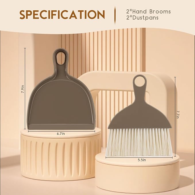 THINKLEARN 2PCS Small Broom and Dustpan Set, Mini Dust Pan and Brush, Hand Whisk for Pets, Kids, Desk, Home, Camping, Brown Cleaning Supplies