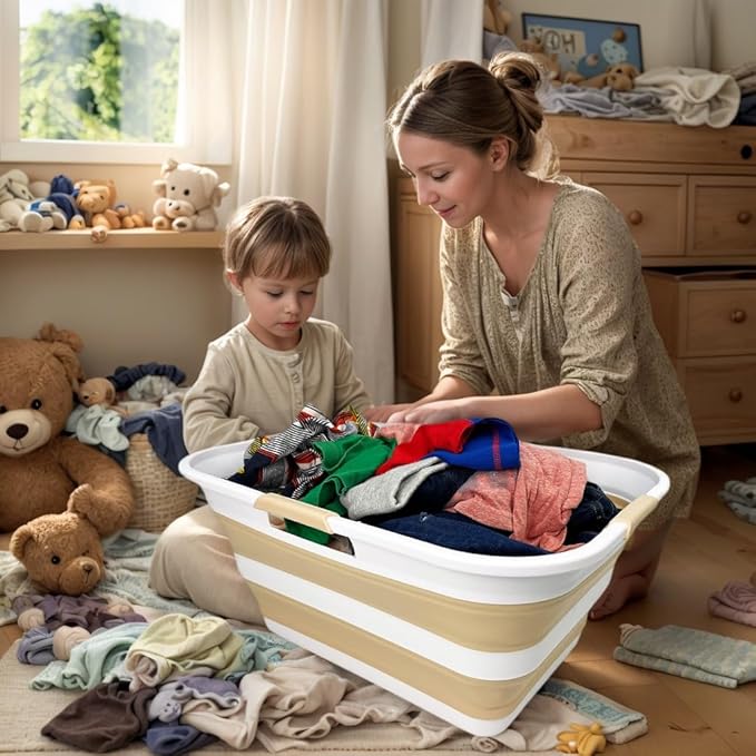 SAMMART 42 (11 Gallons) Collapsible Plastic Laundry Basket, Foldable Pop Up Storage Container/Organizer, Space Saving Hamper, Portable Bin for Dorm Room Bathroom (2, White/Beige)