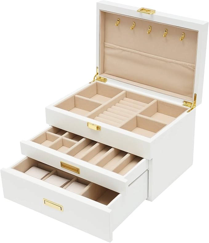 3 Layers Jewelry Storage Box with 2 Drawers, Large Wooden Jewelry Box for Women and Girls Necklace Ring Watch Organizer, White