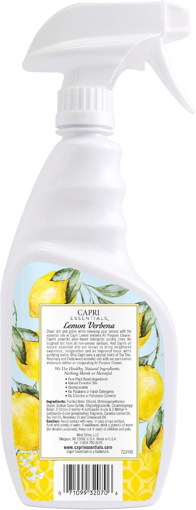 CAPRI ESSENTIALS All Purpose Cleaner, Natural Household Cleaning Supplies, Plant Based Kitchen Counter Surface Spray, Removes Dirt & Grime, Blend of Essential Oils, Lemon Verbena, 23 FL Oz (6 Pack)