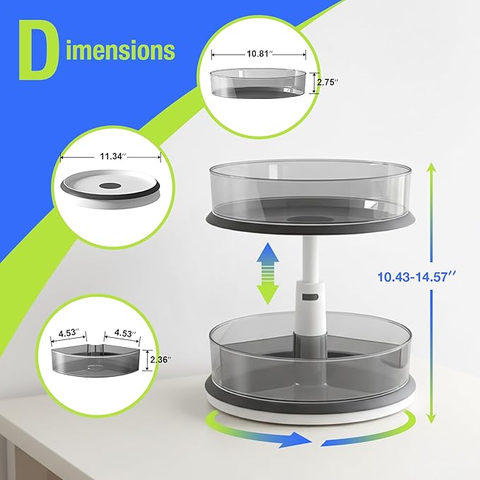DIHUMK 2 Tier Lazy Susan Turntable Organizer for Medicine Cabinet Bottle Pantry Countertop with Clear Large Spice Rack 11 Inch Grey