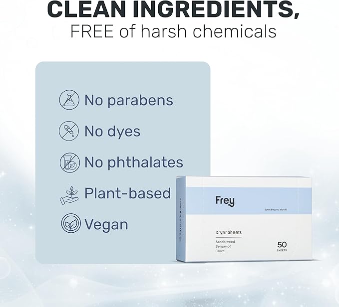 FREY Naturally Scented Dryer Sheets - Fabric Softener for Soft, Fresh & Clean Clothes (1-pack, Bergamot Beach)