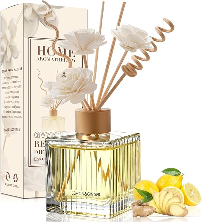 Lemon & Ginger Reed Diffuser Set - 6.7 oz Glass Bottle with 4 Rattan Sticks,3 Dried Flowers,Adjustable,Long-Lasting Scent for Home,Bedroom,Living Room,Office,Bathroom,Aromatherapy Gift Set