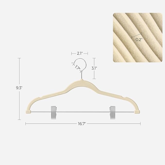 SONGMICS 30 Pack Pants Hangers, 16.7 Inches Long Velvet Trousers Hangers with Adjustable Clips, Heavy-Duty, Non-Slip, Space-Saving for Pants, Skirts, Coats, Dresses, Tank Tops, Sandy Beige UCRF012M30
