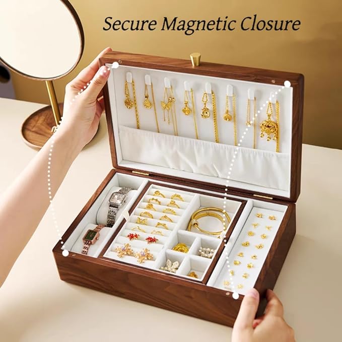 Bescott 2 Layer Solid Black Walnut Wooden Jewelry Box for Women Wood Vintage Organizer for Men Earrings Rings Necklaces Bracelet Watch Storage Mother's Day Gift