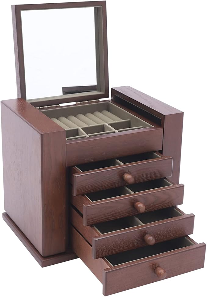 5-Layer Large Jewelry Box Organizer with Mirror and 4 Drawers, Soft Velvet Lining, Wooden Jewelry Boxes & Organizers,Jewelry Storage for Rings Earrings Necklaces Bracelets Christmas New Year Gift
