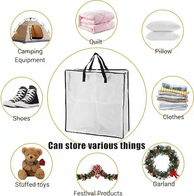 2 Pack Clear Wreath Storage Bags 26 Inch 90L - Durable and Heavy Duty Transparent PP Zipper Bags with Handles for Christmas Easter Fall Holiday Wreaths, Blankets, Comforters, Pillows