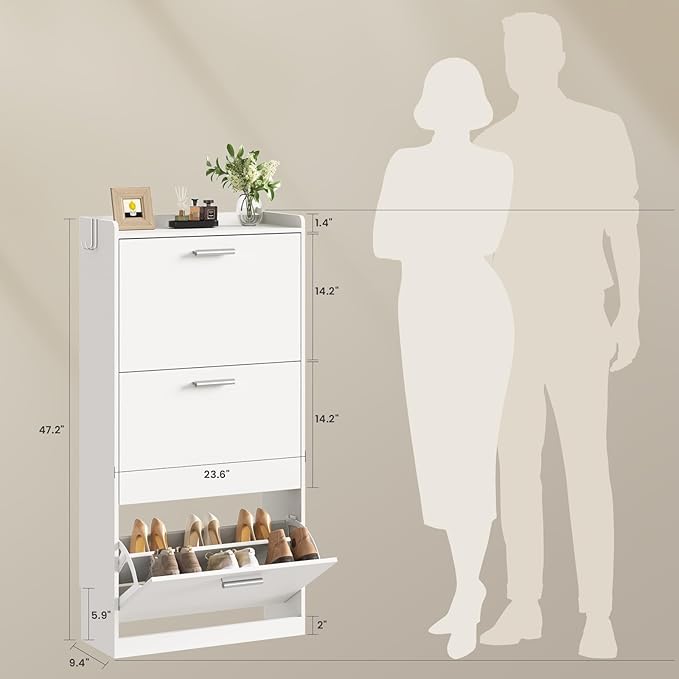 Shoe Cabinet Organizer with 3 Flip Drawers & 3-Tier Adjustable Shelves, Freestanding Shoe Rack Cabinet, Narrow Shoe Storage for Entryway, Foyer, Hallway, White, 23.6" W × 9.4" D × 47.2" H