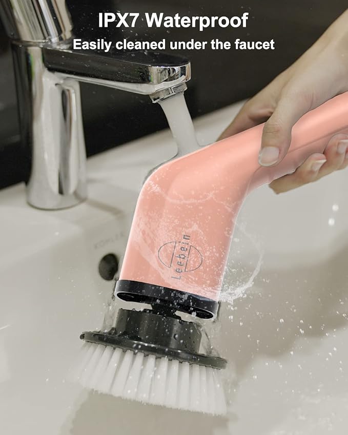 Leebein Electric Spin Scrubber, Cordless Powerful Scrub Brush for Cleaning Bathroom, Kitchen, Shower Tub and Floor Tile with Adjustable Extension Long Handle and 8 Replaceable Brush Heads(Rose)