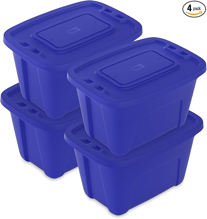 Storage Bins with Lids - Made in USA 18-Gallon (72-Quart) 4-Pack Storage Totes with Lids, Plastic Stackable Containers Large Storage Boxes for Home and Office Organization Blue/Blue