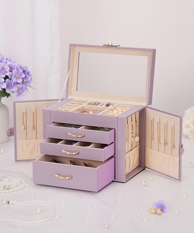 Jewelry Box with 3 Drawers: Display Organizer for Earrings Necklaces - Gifts for Girls Women (Grey Purple)
