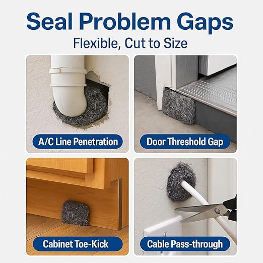 Steel Wool #0000 Grade Pads, 60 Pack – Flexible Cut to Size Wire Wool for Glass Shower Door Hard Water Removal, Chrome & Stainless Steel Polishing, Weep Hole Gap Filler, Mice Control & Rodent Barrier