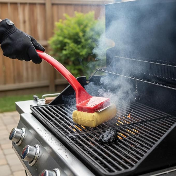 Bristle Free Grill Brush with Removable Cleaning Head, Seamless-Fit Scraper Tool for Cast Iron & Stainless Steel Grates, Safe BBQ Cleaner - Red