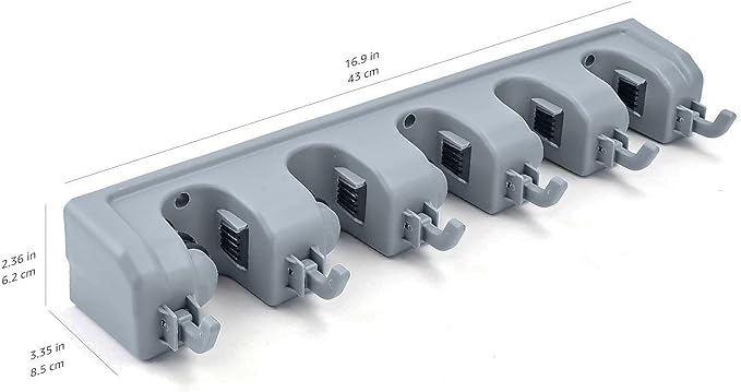 Amazon Basics Rectangular Heavy Duty, Wall Mount Storage Broom, Mop Holder or Tool Organizer with Hooks and Slots for Home, Garage, Garden, Laundry, or Kitchen, 2.36 x 16.9 x 3.35 in, Gray