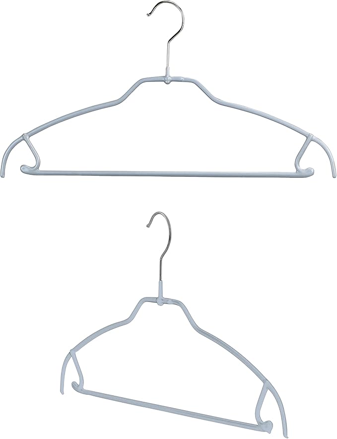 Mawa by Reston Lloyd Silhouette Ultra-Thin Series, Non-Slip Space Saving Shirt Hanger with Pant Bar & Skirt Hooks, Style 42/FTU, Pack of 2, Silver