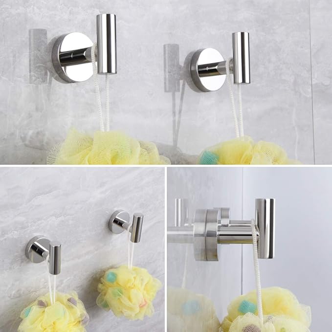 Polished Stainless Steel Towel Coat Hooks Bathroom Clothes Garage Hotel Cabinet Closet Sponges Robe Hook Wall Mounted Round Kitchen Heavy Duty Bath Door Hanger 2 Pack