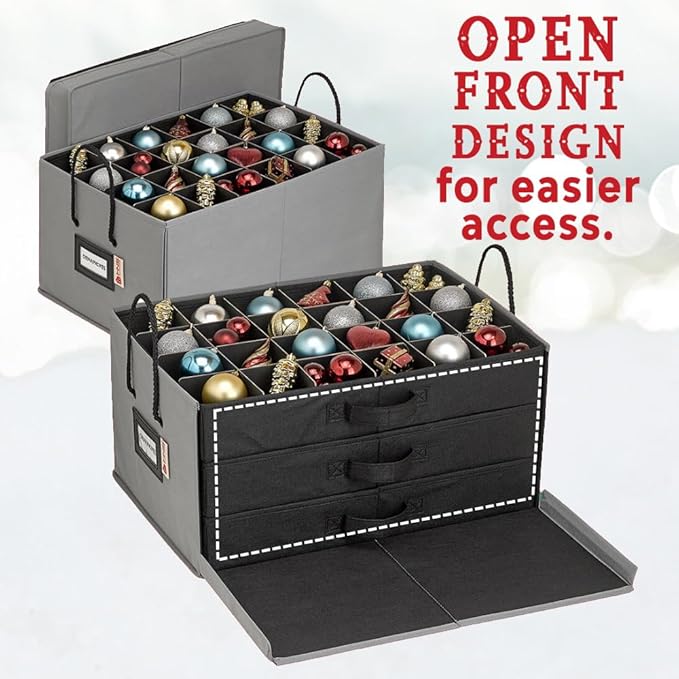HOLDN’ STORAGE Christmas Ornament Storage Box with Dividers, Holds 72 Ornaments (3 Inch), Large Ball Storage Container with 3 Removable Trays, Durable and Portable - Gray
