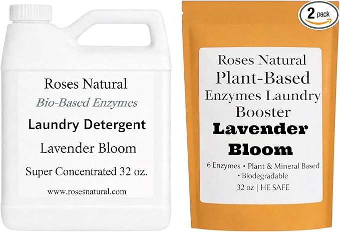 Bio-Based Enzymes Laundry System – Liquid Laundry Detergent (32 fl oz) + Enzyme Booster (32 oz) Bundle – Plant-Based, Low-Suds, HE Safe, Made in the USA (Lavender Bloom)