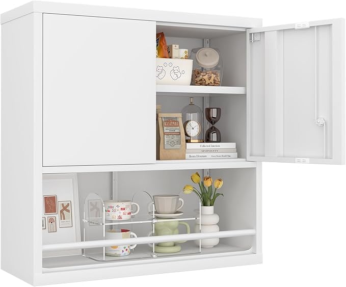 Metal Wall Cabinet, Wall Storage Cabinets with Door and Adjustable Shelves, Bathroom Metal Storage Cabinet for Laundry Room, Kitchen, Garage